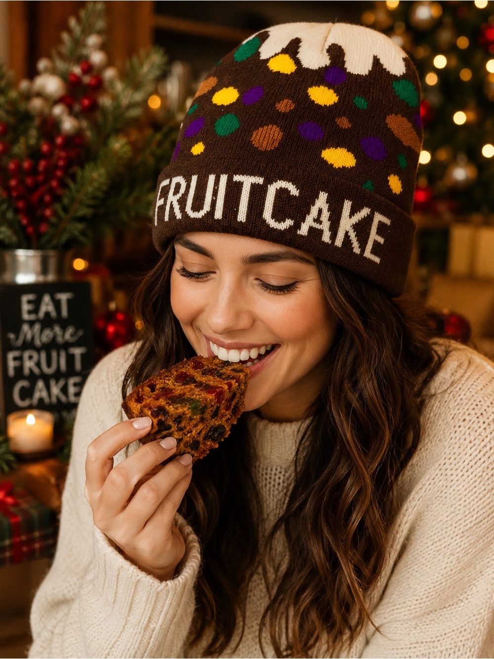 Fruitcake Holiday Knit Beanie Brown Christmas Winter Hat